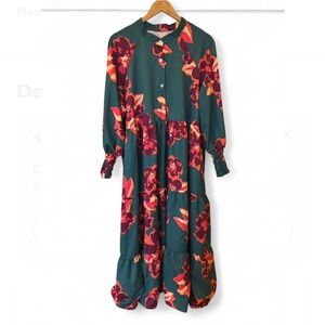 Green Pleated Long Sleeve Sundress with Mandarin Collar